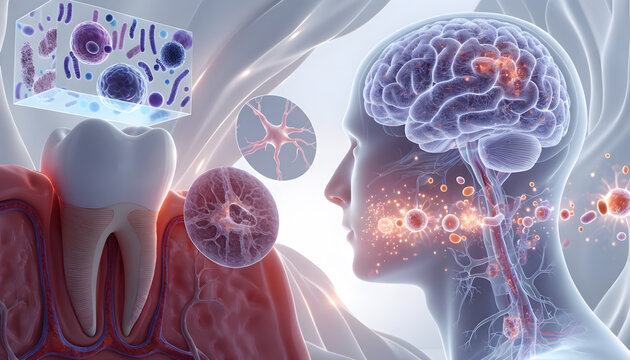 Oral bacteria connection to brain neurology and dental health. Gum inflammation and neurological pathway. Tooth anatomy cross section linking oral microbes to human nervous system