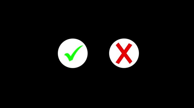 Video footage of yes or no, true or false with alpha channel. check mark and cross mark signs icon animation. On a black background motion graphics animation