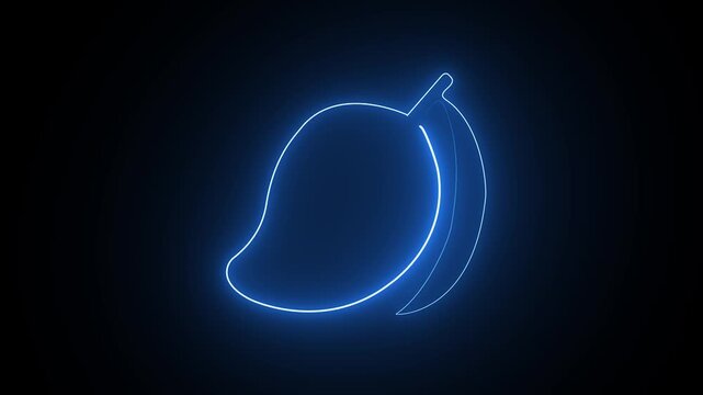 Bright blue neon light outline of a fresh mango fruit shape on a dark black background