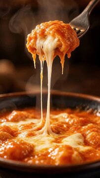 Fork lifts potato gnocchi with creamy tomato sauce and stretchy mozzarella beneath rising steam.