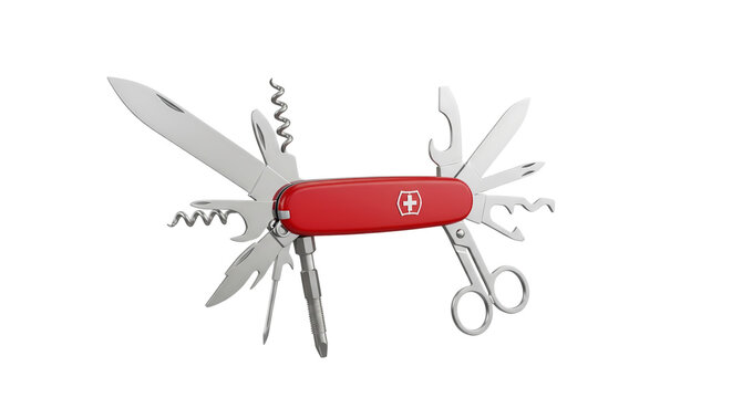 Realistic 3D illustration of a versatile multi tool pocket knife with open blades and tools isolated on white background