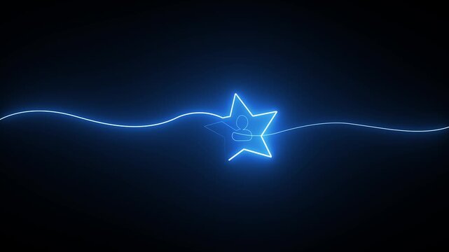 Glowing blue neon line forming a star shape with a person icon inside on a dark black background