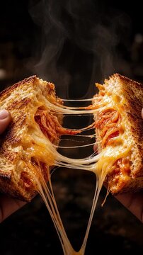 Hands pull apart toasted sourdough sandwich with stretchy cheese, spicy kimchi, and rising steam.
