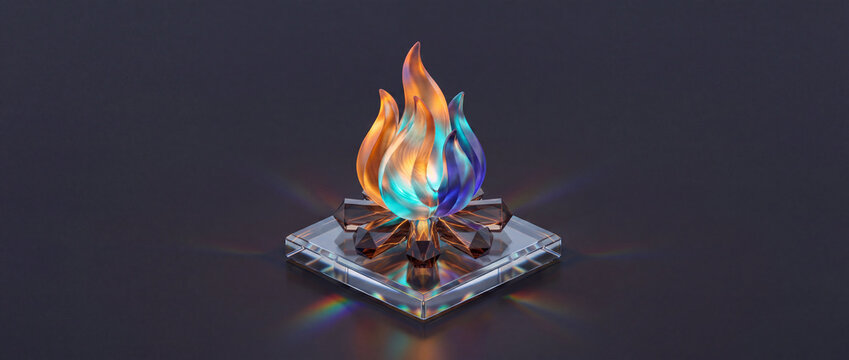 Glass campfire sculpture with colorful flames, crafted in translucent orange and blue crystal with prism refractions on a plinth, ideal for fantasy gaming icons and creative digital art
