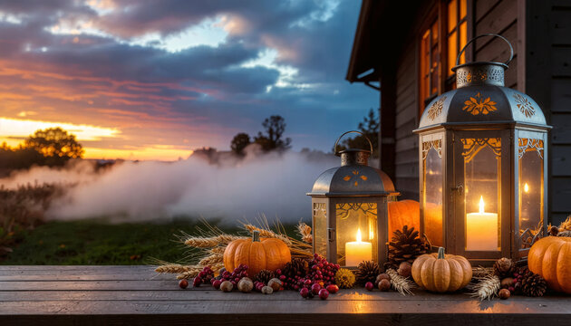 Magical evening scene with glowing lanterns and autumn pumpkins on rustic deck