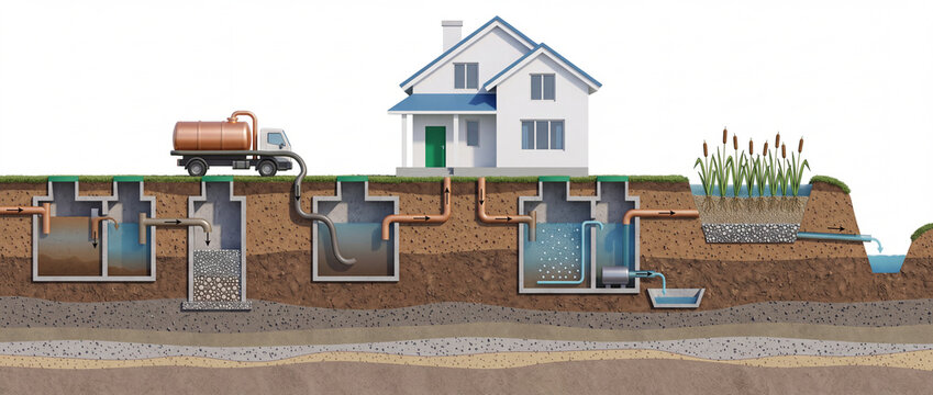Wastewater treatment system cross section diagram showing residential septic tanks, vacuum truck pumping, aeration, and reed bed filtration in soil layers for environmental engineering