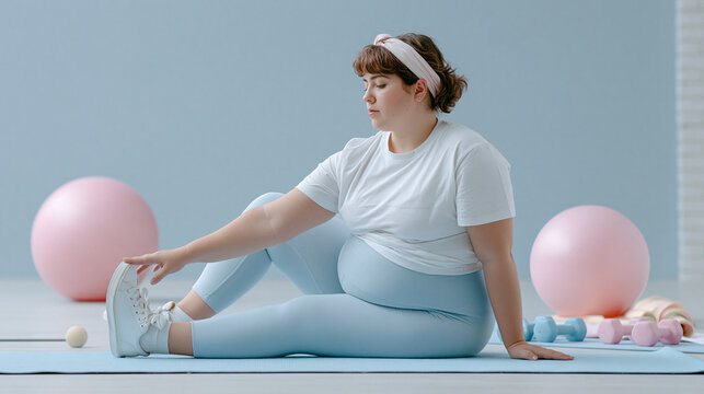 Plus-sized woman stretches on mat amidst fitness equipment in a calm blue space.