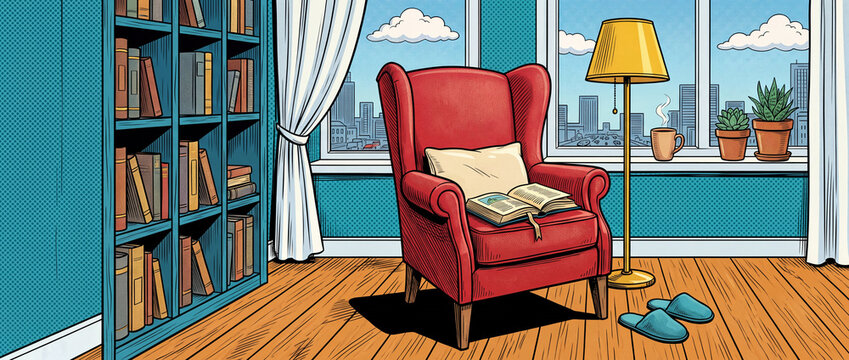 Reading corner with red armchair and open book in a pop art comic style, featuring cozy living room window with city view, bookcase and floor lamp for lifestyle design projects