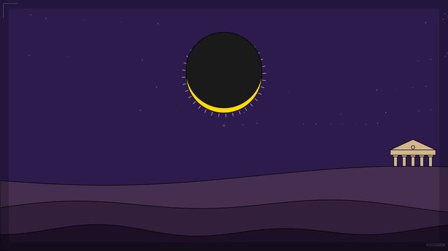 Solar Eclipse Motion Over Desert Landscape With Ancient Temple