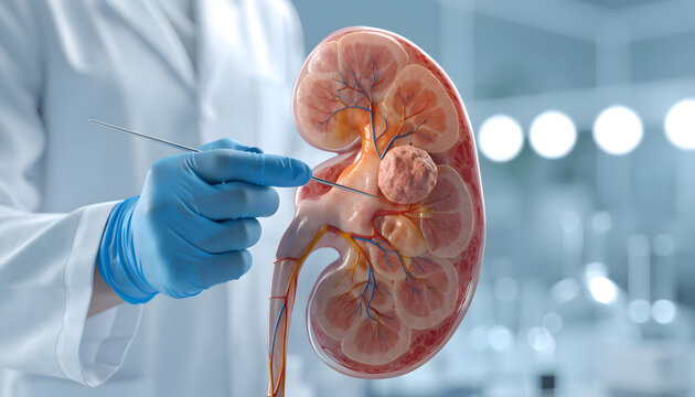 Doctor examining human kidney tumor model in medical clinic. Nephrology diagnosis and renal cancer treatment. Surgeon holding surgical probe pointing at tumor on anatomical kidney model