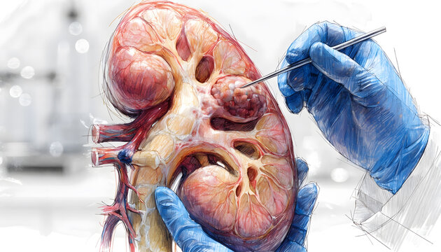 Surgical pathology analysis of human kidney tumor and carcinoma. Renal cancer diagnosis and medical treatment. Doctor hands in blue gloves inspecting diseased kidney cross section