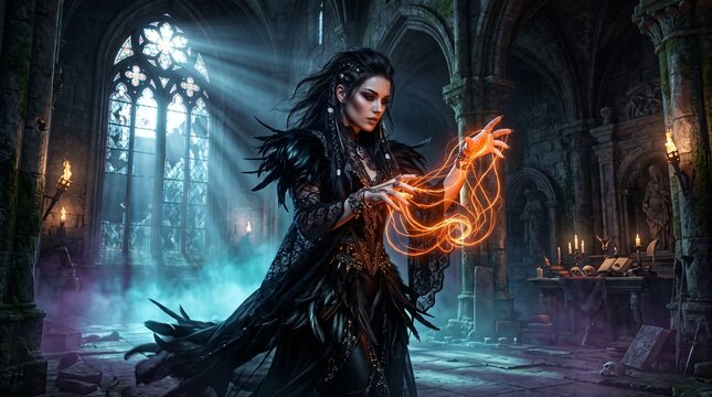 gothic witch holding glowing fireball inside dark ancient castle halloween