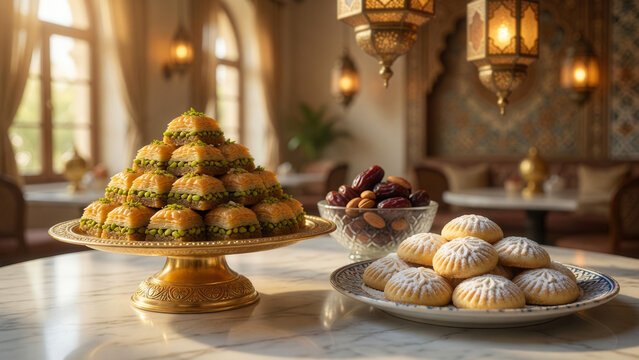 Traditional Arabic sweets with baklava and dates on marble table, Ramadan iftar and Eid holiday celebration