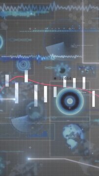Animation of falling dots forming lines, programming language and graphs over infographic interface
