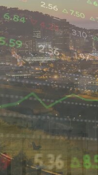 Animation of financial data processing over cityscape