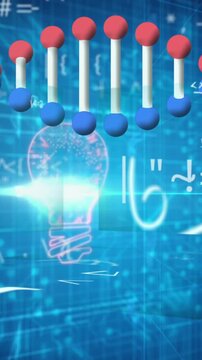 Animation of mathematical equations over dna strand and light bulb on black background