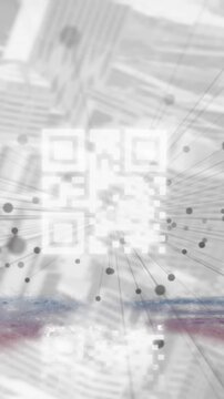 Animation of circles, floating dots and qr code over cityscape in background