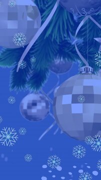 Animation of snowflakes icons falling over decorated christmas tree branch against blue background