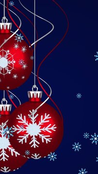 Animation of christmas red baubles decorations with snow falling