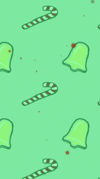 Animation of confetti falling over rows of christmas pattern moving on green background