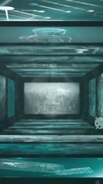 Animation of two globes of digital icons spinning against screens with medical data processing