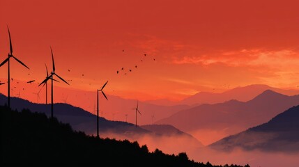 Obraz premium A vibrant sunset casts a warm glow over wind turbines on a mountain ridge, birds fly amidst the scene