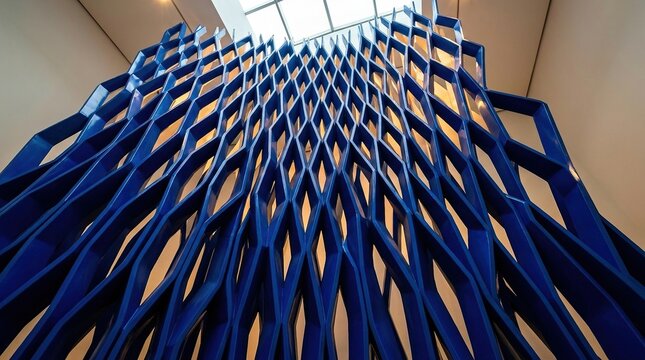 Low angle view of a modern blue geometric lattice sculpture in an indoor space