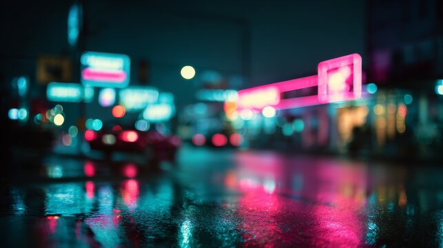 Night scene with neon signs reflecting in a wet street after rain, blurred cars, atmospheric, vibrant colors