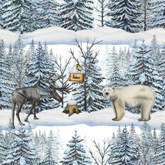 Winter seamless pattern with a bear and deer in a snowy forest. Watercolor illustration. © Diasha Art