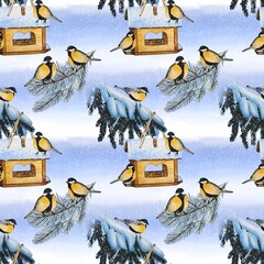 Hand drawn seamless winter pattern with great tits. Watercolor illustration. © Diasha Art