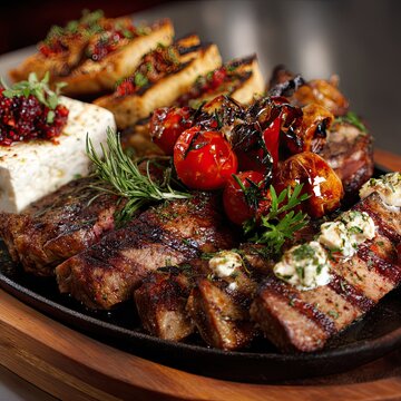 grilled beef steak slices with roasted cherry tomatoes and cheese on a platter