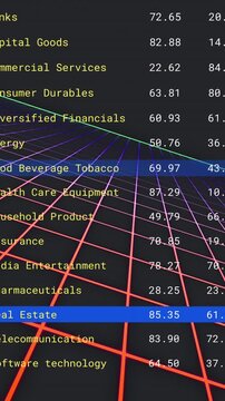 Animation of multiple graphs and trading board on grid pattern against black background