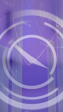 Animation of ticking clock icon and statistical data processing against view of city traffic