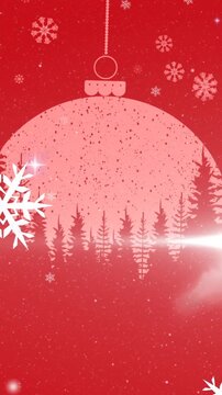Animation of snowflakes over trees in hanging baubles against red background