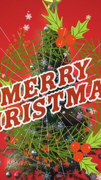 Animation of cherries, leaves, merry christmas with snowflakes over christmas tree on red background