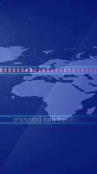 Animation of multiple texts, loading bar and computer language over map against blue background