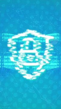 Animation of padlock in shield, numbers forming blockchain and connected dots over blue background