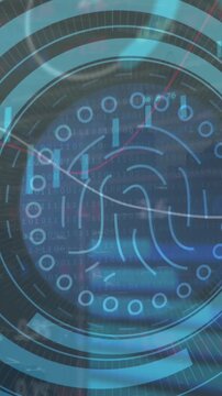 Animation of biometric fingerprint scanner over stock market data processing against cityscape