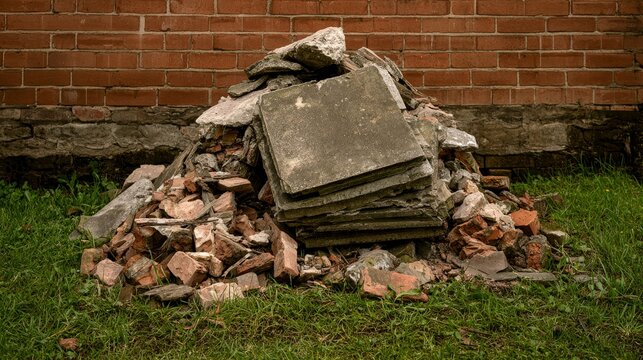 Construction debris with broken concrete slabs and brick rubble piled on grass beside a brick wall, showing demolition waste, renovation cleanup, building damage and disposal concerns