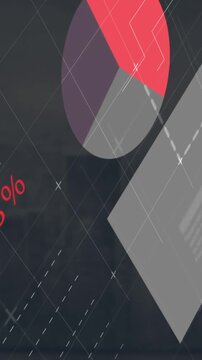 Animation of multicolored infographic interface over modern cityscape against sky