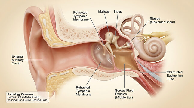 Serous Otitis Media with Middle Ear Effusion and Retracted Tympanic Membrane Causing Conductive Hearing Loss of Human Ear Anatomy Eustachian Tube Dysfunction