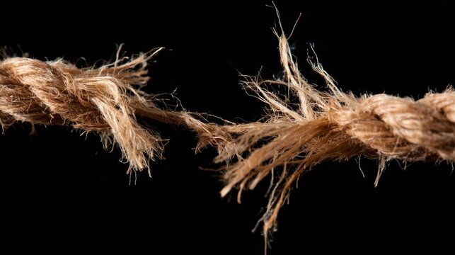 Fraying brown rope under extreme tension against a black background, close up showing worn fibers near breaking point, symbolizing stress, pressure, risk, weakness, failure and resilience