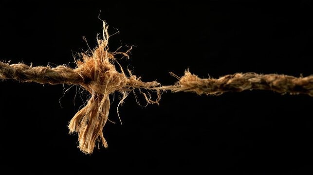 Fraying brown rope under extreme tension against a black background, close up showing worn fibers near breaking point, symbolizing stress, pressure, risk, weakness, failure and resilience
