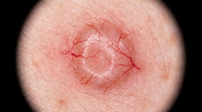 Dermoscopy view of a skin lesion with prominent branching blood vessels and telangiectasia, suspect basal cell carcinoma or angioma