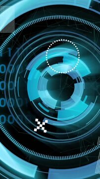 Futuristic digital interface with rotating blue circles and binary code animation