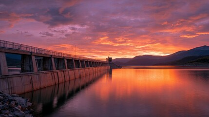 Obraz premium A concrete dam stretches across calm waters reflecting a fiery sunset, with mountains in the distance and colorful clouds above