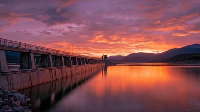 A concrete dam stretches across calm waters reflecting a fiery sunset, with mountains in the distance and colorful clouds above
