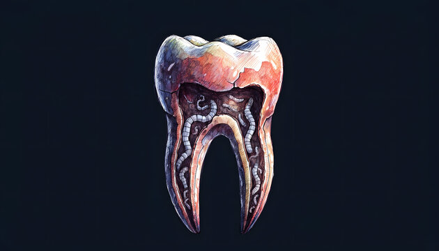 Root canal infection and toothache disease concept. Dental pulp necrosis and oral hygiene decay. Parasitic worms crawling inside decayed human molar tooth cavity cross section
