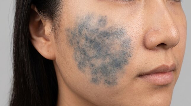 Close up of Nevus of Ota on asian woman face, large blueish grey hyperpigmentation birthmark condition on cheek