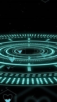 Rotating digital rings with heart icons, futuristic health monitoring animation